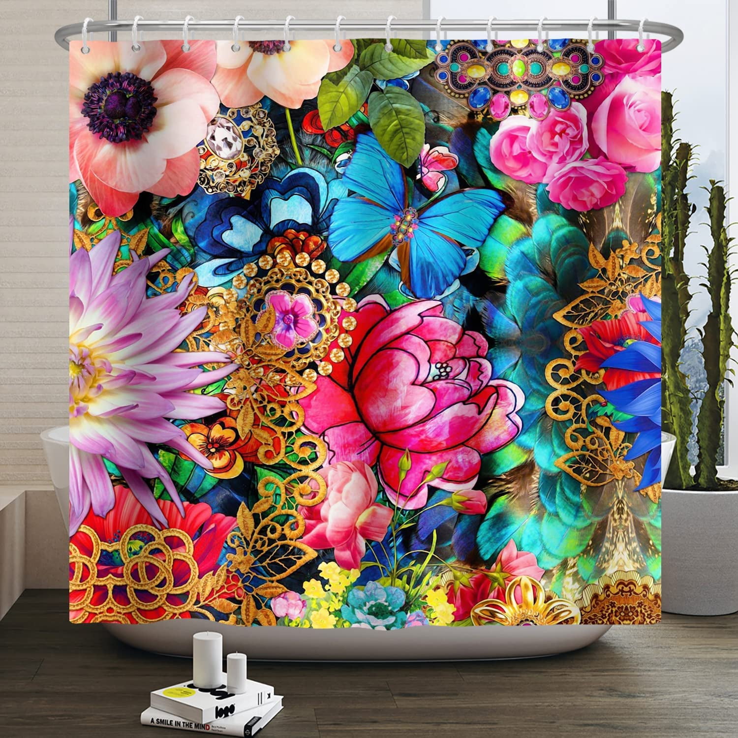 Floral Shower Curtains，Bright Oil Color Colorful Flowers Polyester