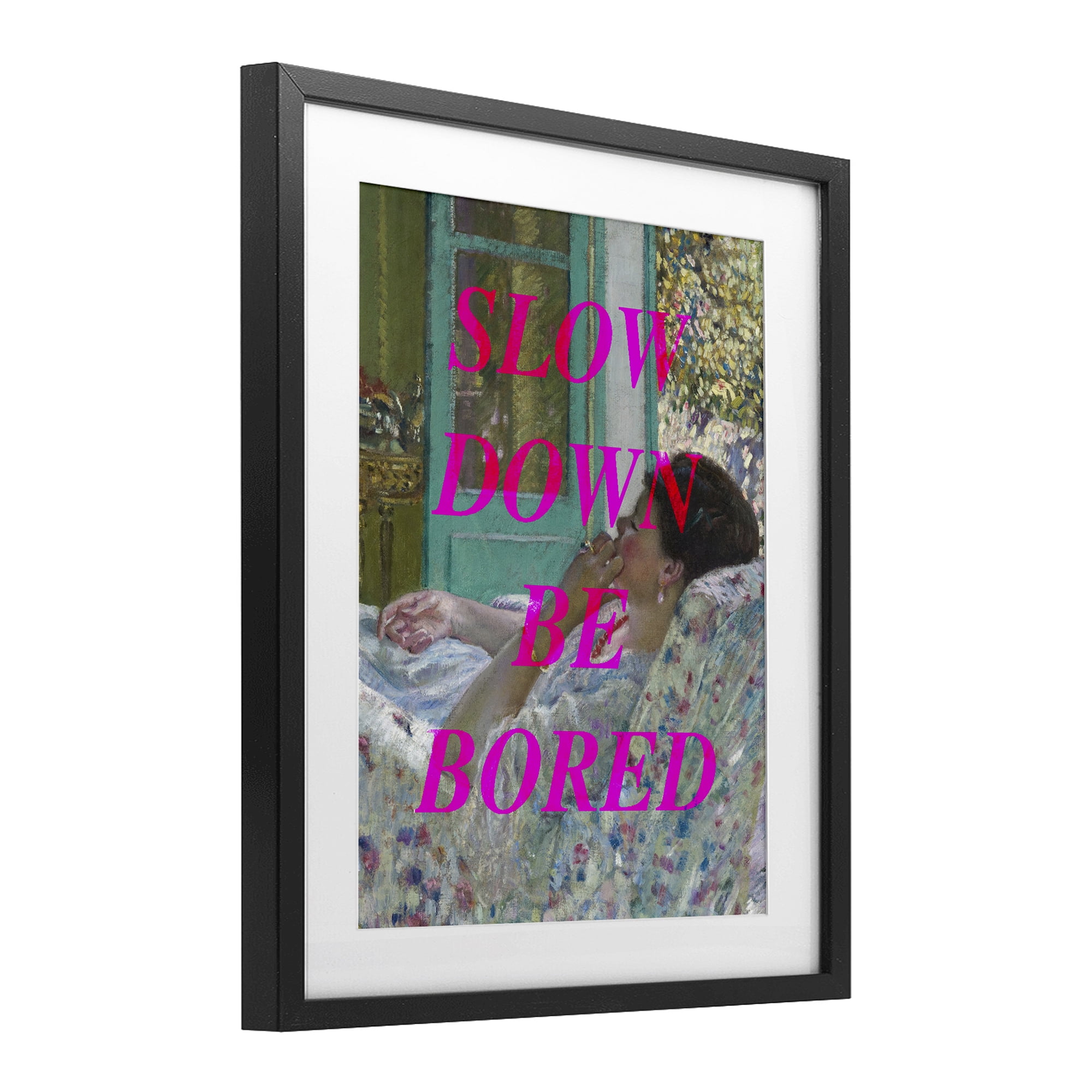 Slow Down Be Bored Classic Black Framed Print Under Glass, design by Lil' Rue