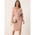 thumbnail image 3 of Unique Bargains Women's Deep V Neck Wrap Lantern Sleeve Belted Mini Sweater Dress S Pink, 3 of 6