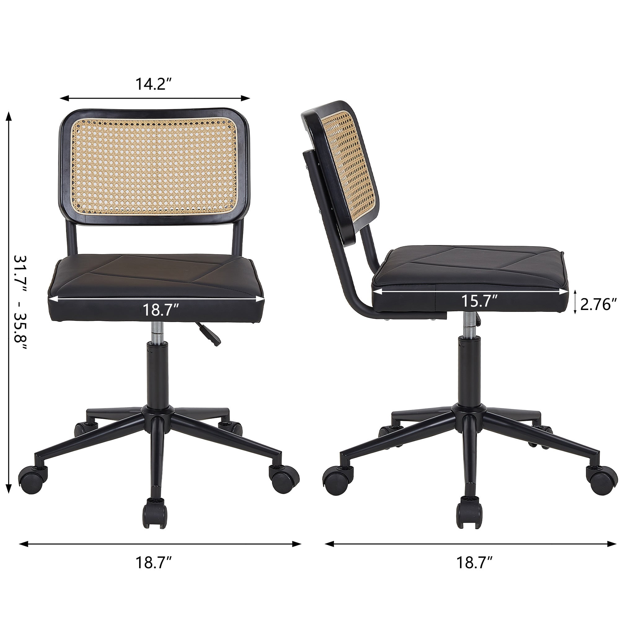 VECELO Mid Century Home Office Chair with Wheels, Modern PU Leather Desk Chair with Rattan Backrest, Adjustable Height Task Chair Swivel Computer Chair, Black