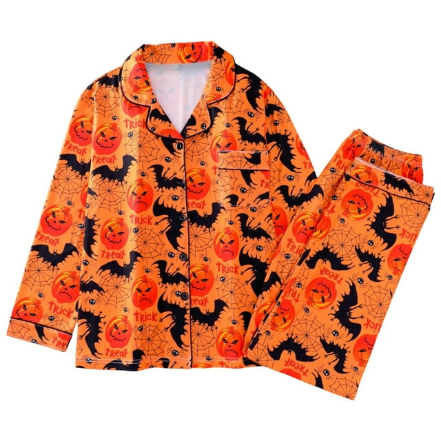 Women Pajama Sets Halloween Printed Collar Long Sleeve Long Pants Pjs Sets Sleepwear Orange S