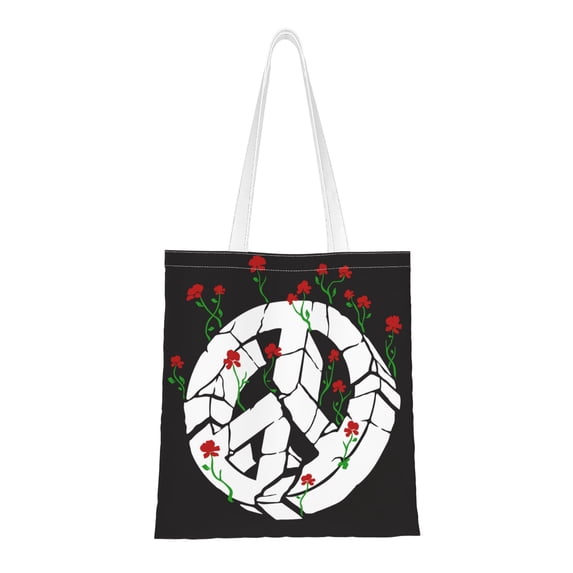 DouZhe Reusable Grocery Bags, Roses Flowers Peace Sign Lightweight Polyester Canvas Cloth Tote Bag for Travle Gym Shopping School, 15" x 16"