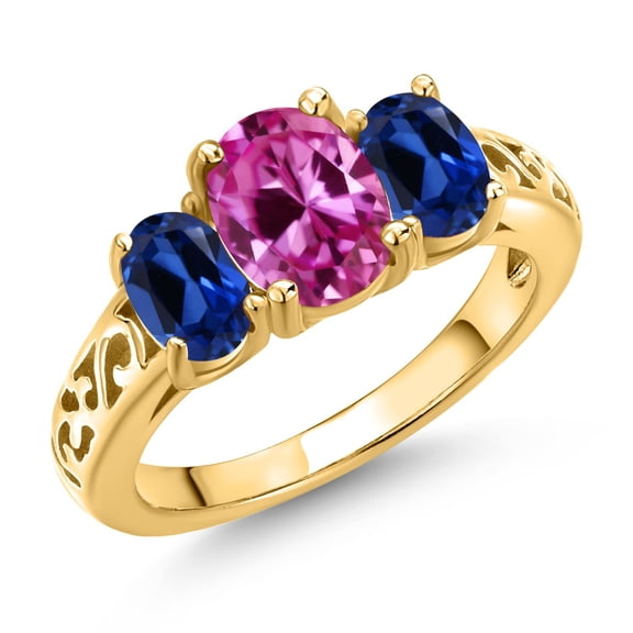Gem Stone King 18K Yellow Gold Plated Silver Pink Created Sapphire and Blue Created Sapphire Filigree Style 3 Stone Ring for Women (2.85 Cttw, Oval 8X6MM and 6X4MM) (Size 6)