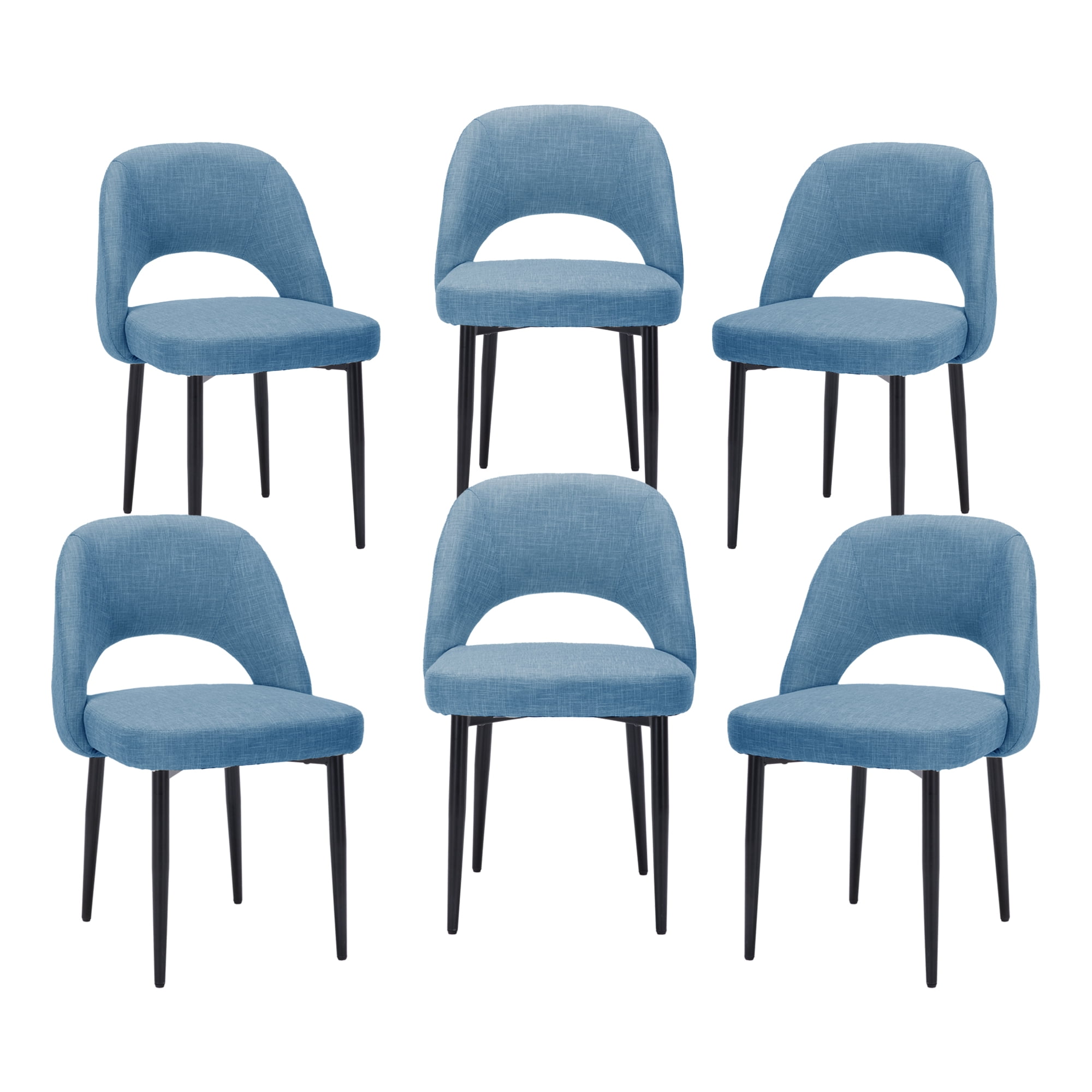 ENYLAY Modern Farmhouse Fabric Upholstered Dining Chairs Set of 6 with Metal Legs & Padded Seat , Blue
