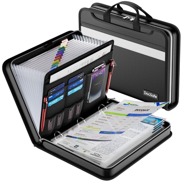 DocSafe File Organizer Zipper Binder with 30 Sheet Protector,Fireproof Accordion 12-Tab Expanding File Folder with Multiple Pockets,Home School Offic