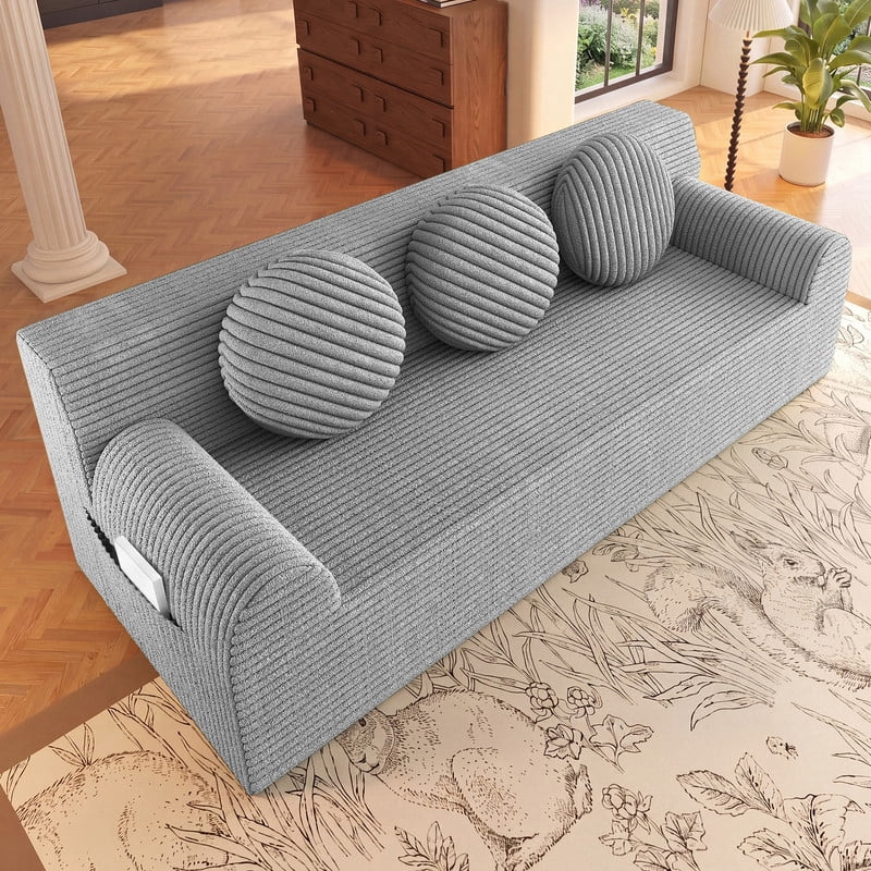 PORKISS 71 Inch Corduroy Couch, Boneless Cloud Couch, No Assembly Floor Sofa with 3 Round Pillows, Comfy 3 Seater Sofa Couch for Living Room, Apartment, Bedroom, Small Space, Light Gray