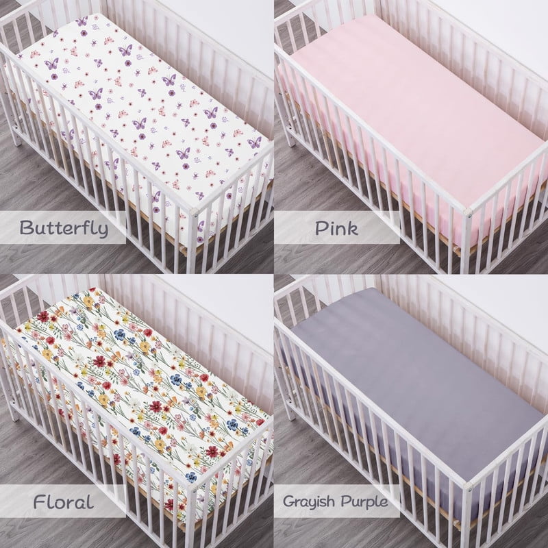 Little Grape Land Crib Sheets for Baby Girls 4 Pack, 28"x 52" Extra Soft Microfiber Crib Sheet Set for Standard Crib & Toddler Mattress Pad,Butterfly&Floral