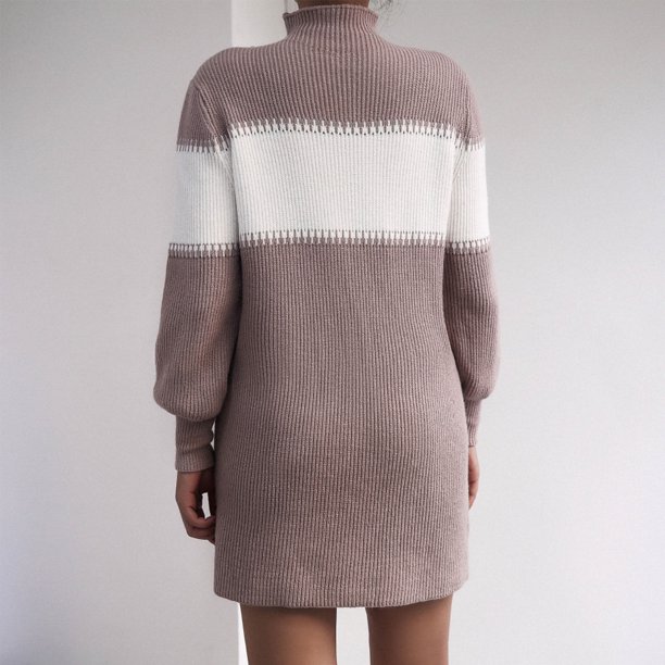 Short Knit Dress Stitching High Neck Knit Dress Long Sleeve Fashionable Color Block Stylish for Office ANGGREK Otros