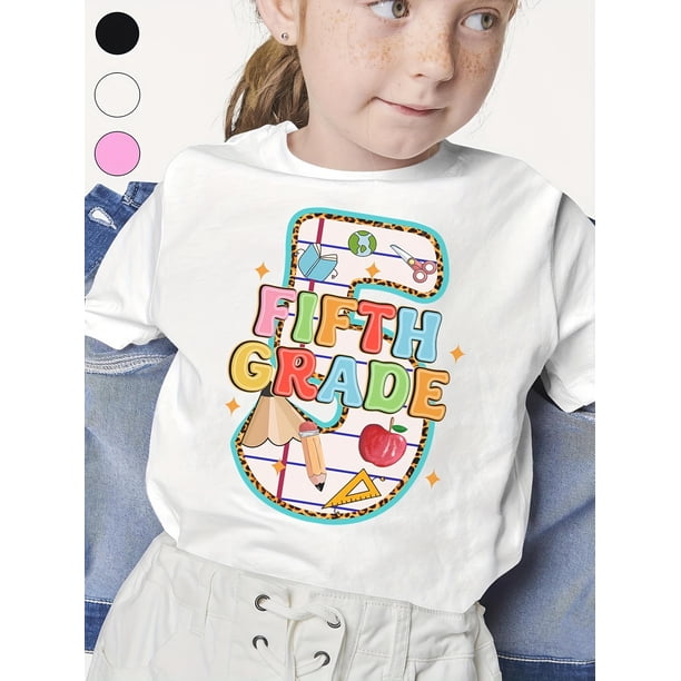 FiFTH GRaDe Print T Shirt Girls Summer Cotton Crew Neck Back to Comfortable Short Sleeve Knit Tee