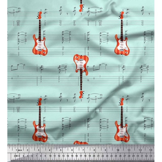 Soimoi Green Poly Georgette Fabric Notes & Guitar Musical Instrument Printed Craft Fabric by the Yard 52 Inch Wide