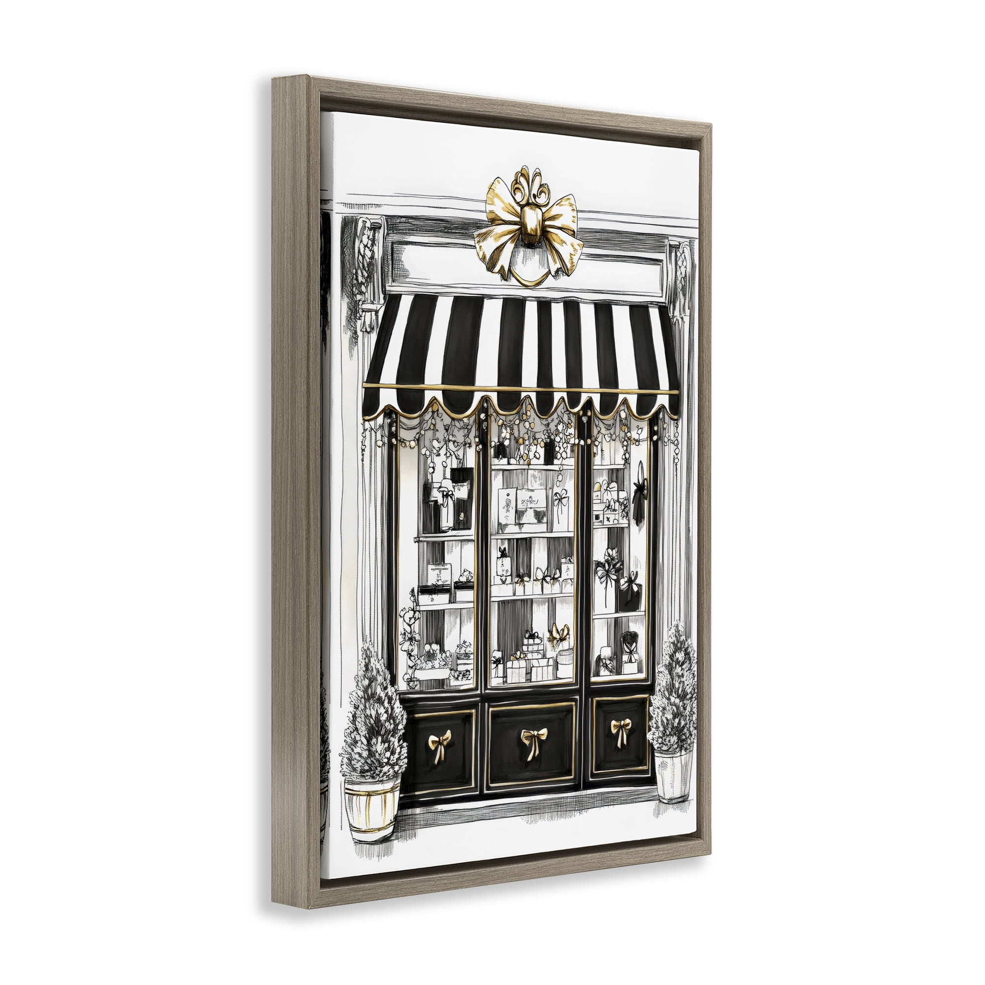 Stupell Industries Striped Paris Shop Facade Brown Framed Floater Canvas Wall Art, design by Petal Prints Design