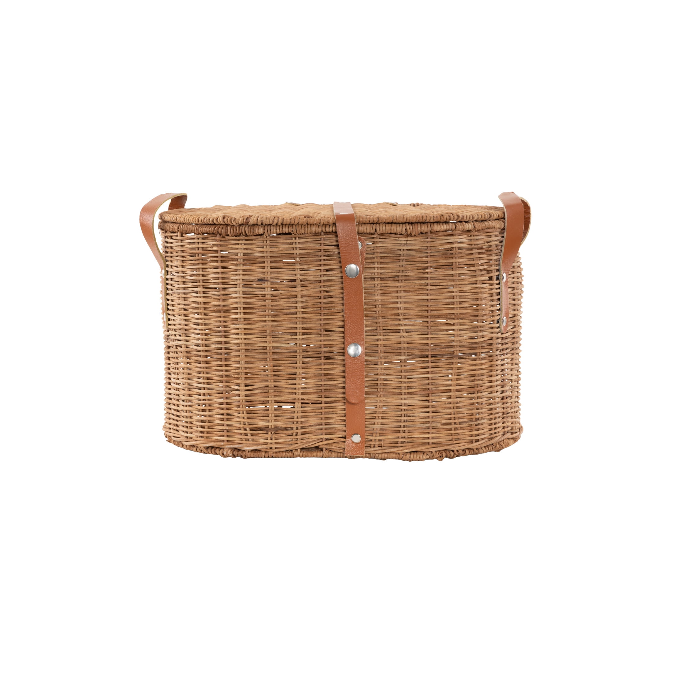 DecMode 16" x 10" Brown Rattan Handmade Woven Storage Basket with Lid and Leather Handles, 1-Piece