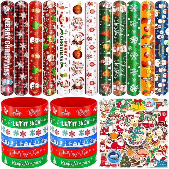 60 PCS Christmas Slap Bracelets, Christmas Party Favors Toys for Kids Xmas Slap Wristbands Snap Bracelets Bulk for Christmas Stocking Stuffers Decoration Gifts Bag Filler