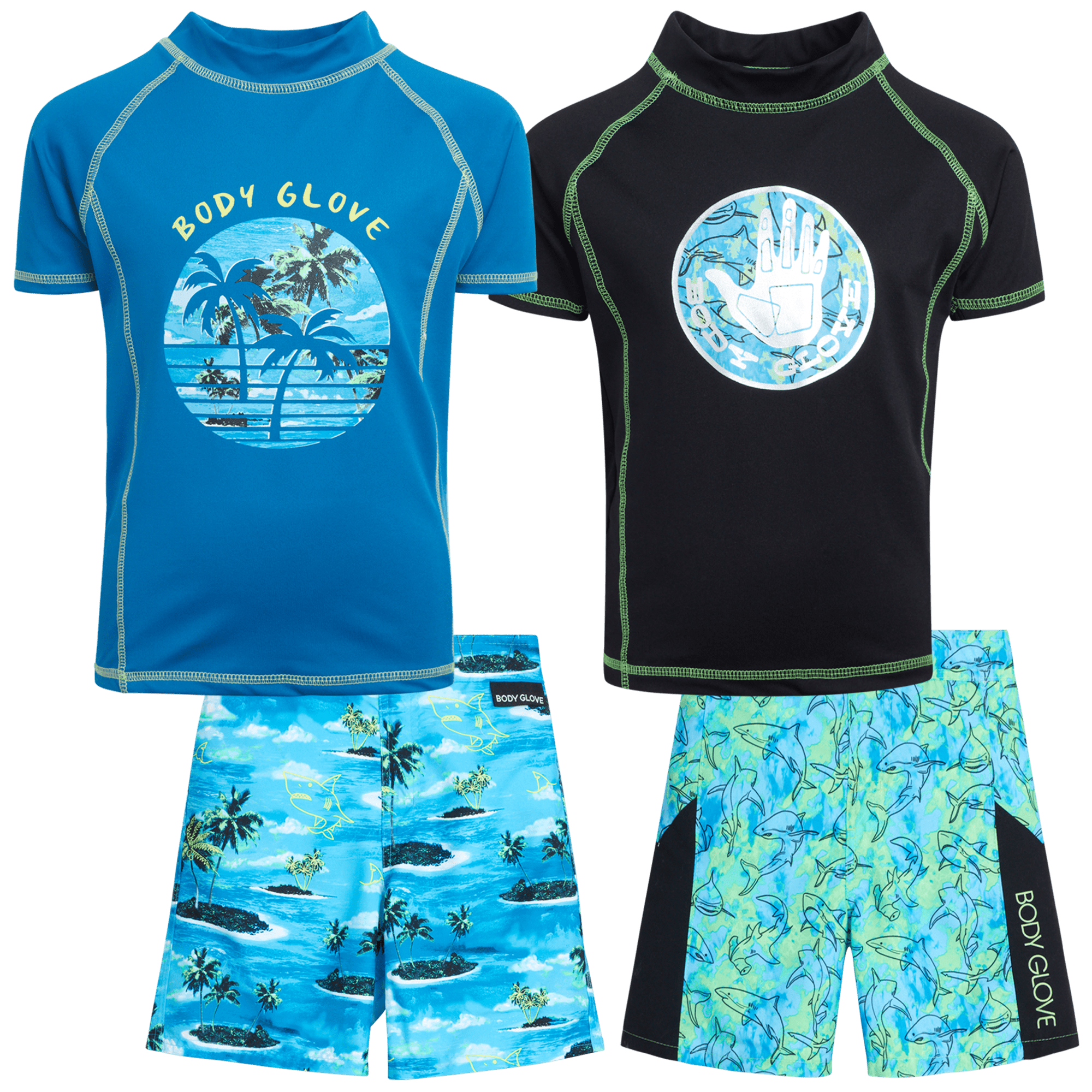 Body Glove Boys' Rash Guard Set 4 Piece UPF 50+ Short Sleeve Swim