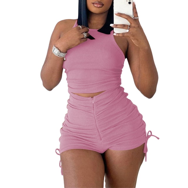 Txlixc Traje de 2 piezas para mujeres, chaleco sin mangas + pantalones cortos de cremallera de cintura alta Txlixc moda