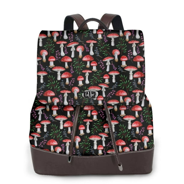 Disketp Red Mushrooms Mochila de Cuero para Mujer, Bolso de Espalda Antirrobo con Estilo para Viaje, Trabajo y Uso Diario