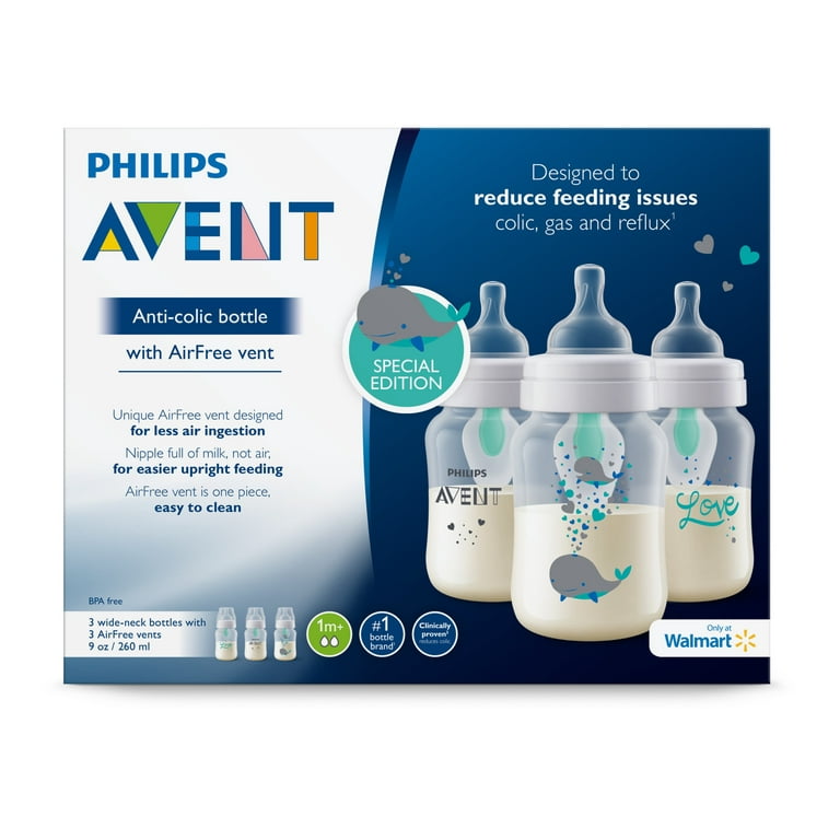 Philips Avent Anti-colic Baby Bottle with AirFree Vent with Whale Design,  9oz, 3pk, SCF408/37