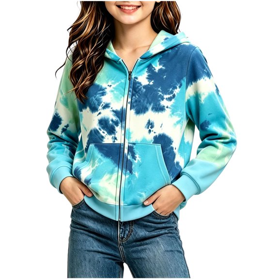 Girls Boys Zip Up Hoodies Sweatshirt Casual Full Zip Up Printed Long Sleeve Warm Uniform Jacket Fall Winter Fashion Coat with Pockets Blue 2 5-6 Years
