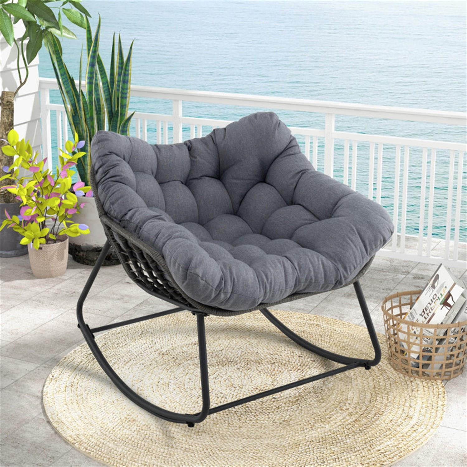 Demi Bonn Outdoor Rocking Chair Oversized Patio PE Wicker Egg Chair with Cushion, Patio Accent Furniture Fire Pit Lounge Chairs for Yard, Garden, Gray