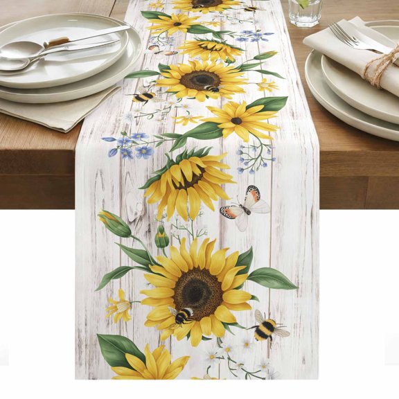 Sunflower Table Runner - 48 Inch Long, Kitchen Dining Table Runner Dresser Scarves, Botanical Flowers Floral Bee Butterfly Wooden Farmhouse Decor for Coffee Tables Wedding Party Banquet