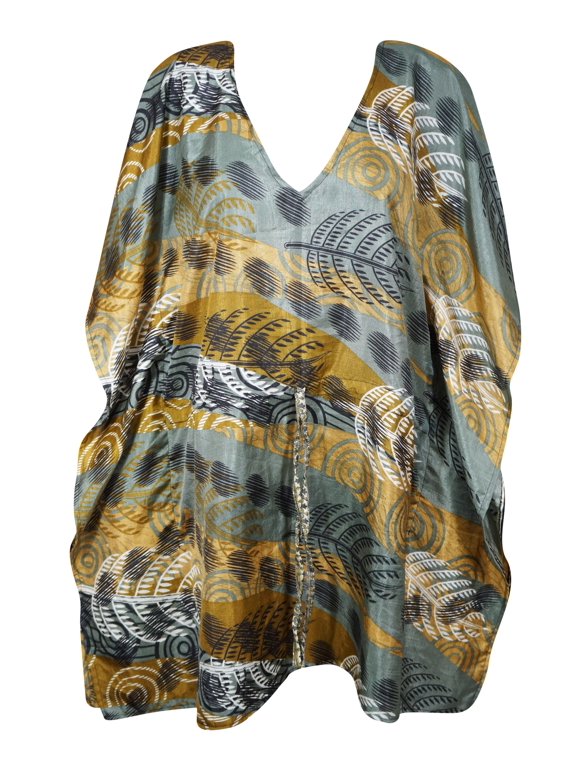 Mogul Womens Caftan Short Dress, Gray Floral Print, M-XL
