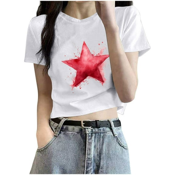 yillto Womens Graphic Tee Star Printed Short Sleeve Cute Shirts Causal Summer Crew Neck T shirts
