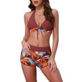 thumbnail image 1 of INSPIRAR CHIC Conjuntos de Bikini de Mujer con Estampado de Hojas y Bloque de Color de 2 Piezas, Top Halter y Pantalones Cortos de Baño, Trajes de Baño Pequeños Rojos y Marrones, 1 of 5