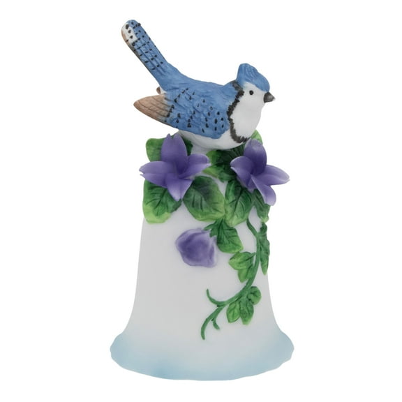 Bird Lovers Delight 4" Porcelain Bell Blue Jay Bird with Purple Flowers