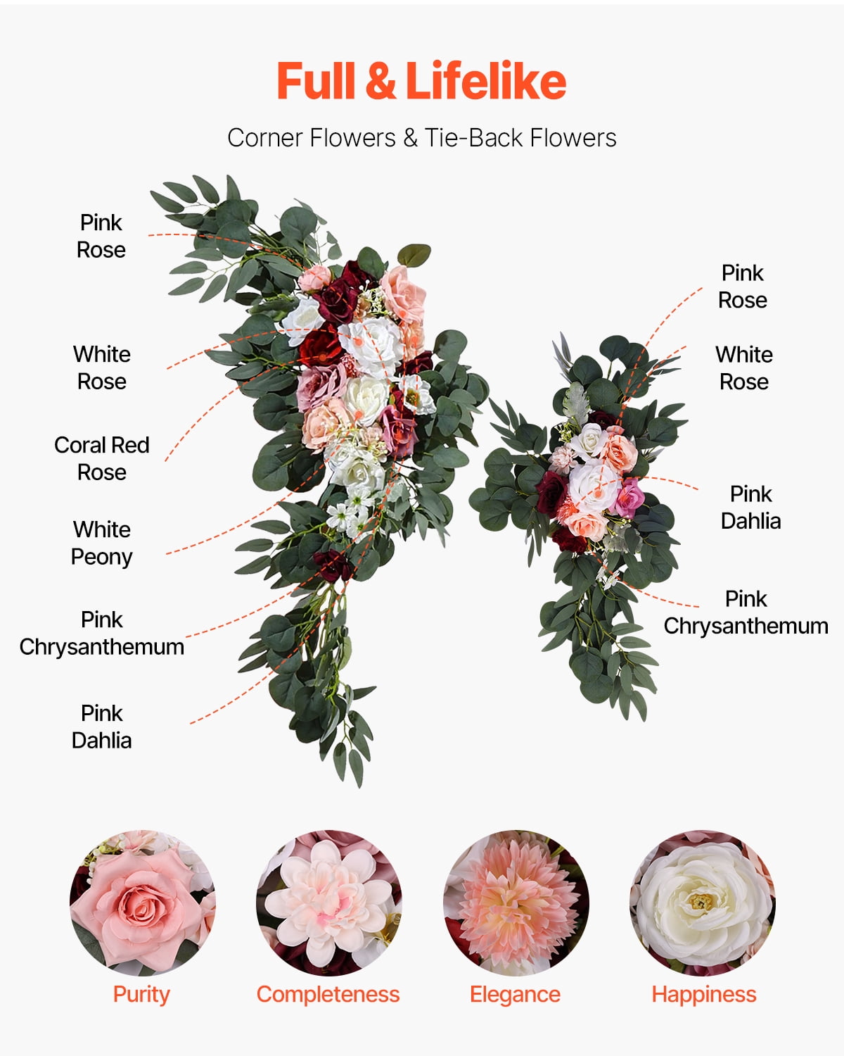 VEVOR Artificial Wedding Arch Flowers Kit, Pink Wedding Arch Flowers with Drapes Kit (Pack of 4) - 2 Pcs Floral Arrangement, 2 Pcs Sheer Drapes, for Ceremony Bouquets Reception Backdrop Decoration