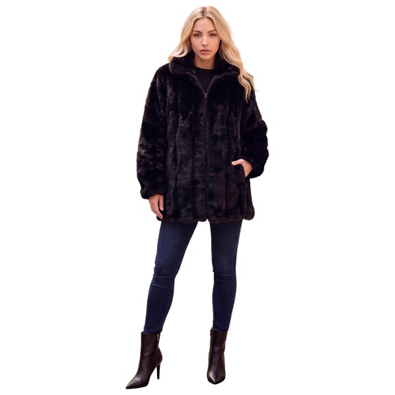 Roaman's Women's Plus Size Mid-Length Hooded Faux Fur Coat