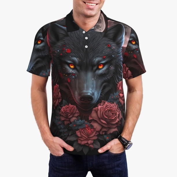 Balery Rose Full Moon Black Wolf Camisa Polo de Hombre con Estampado, de Manga Corta y Tejido Medio, Camisa Tipo Golf Polo-X-Large