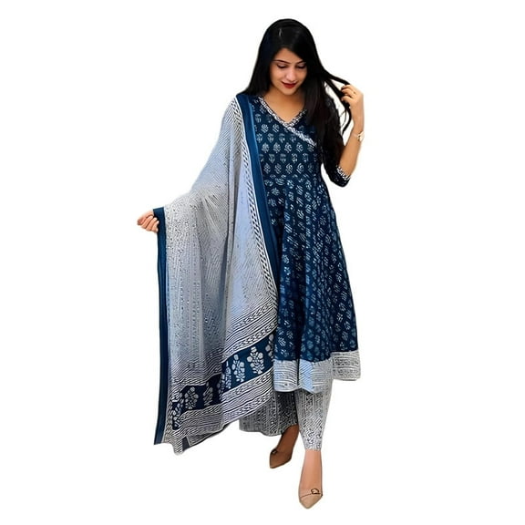KLOSIA Women's Rayon Anarkali Kurta Pant and Dupatta Set - Indian Ethnic Traditional Wear Anarkali Kurta Set