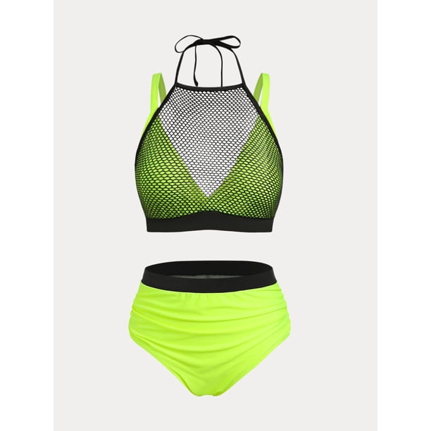 Mallas Overlay Plus Tamaño acanalada bikini Rosegal Mangas largas de talla grande