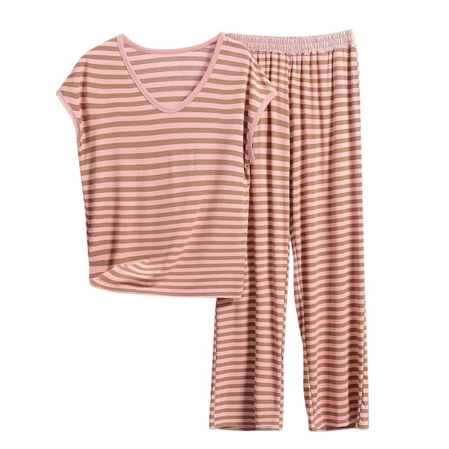 Besolor Pyjama pour Femme Grande Taille à Rayures, Col Ras du Cou, Sans Manches, Camisoles et Ensembles de Pantalons, Tenue de Nuit, Pjs