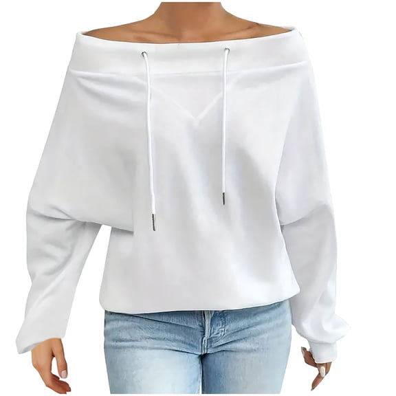 zbxnLI Womens off Shoulder Sweatshirts Going out Tops Long Sleeve Causal Pullover Sweatshirt with Drawstring