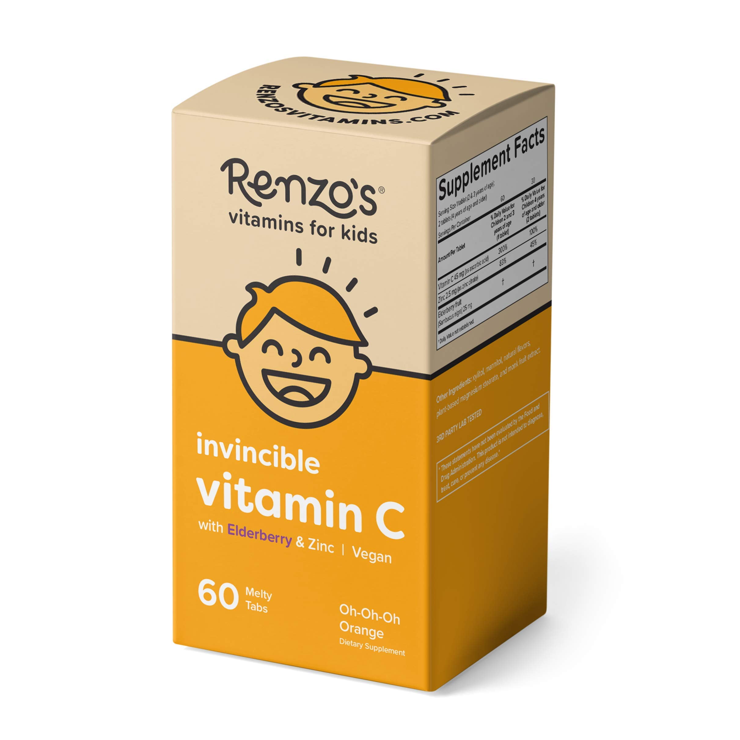 Renzo's Kids Vitamin C with Elderberry & Zinc for Immune Support, Vegan Vitamin C for Kids, Zero
