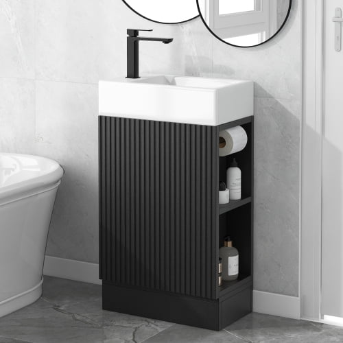 19" Durable Compact Freestanding Cabinet, Bathroom Storage Unit with Adjustable Shelf, Modern Small Bathroom Vanity with Ceramic Sink for Bathroom, Black