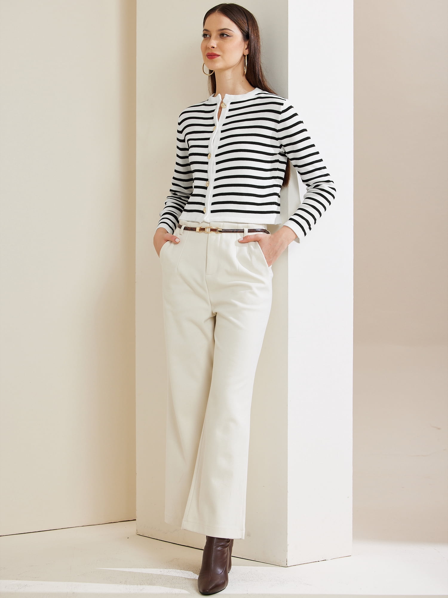DARING DIVA Women's Trendy Knit  Button Down Striped Sweater M White Black