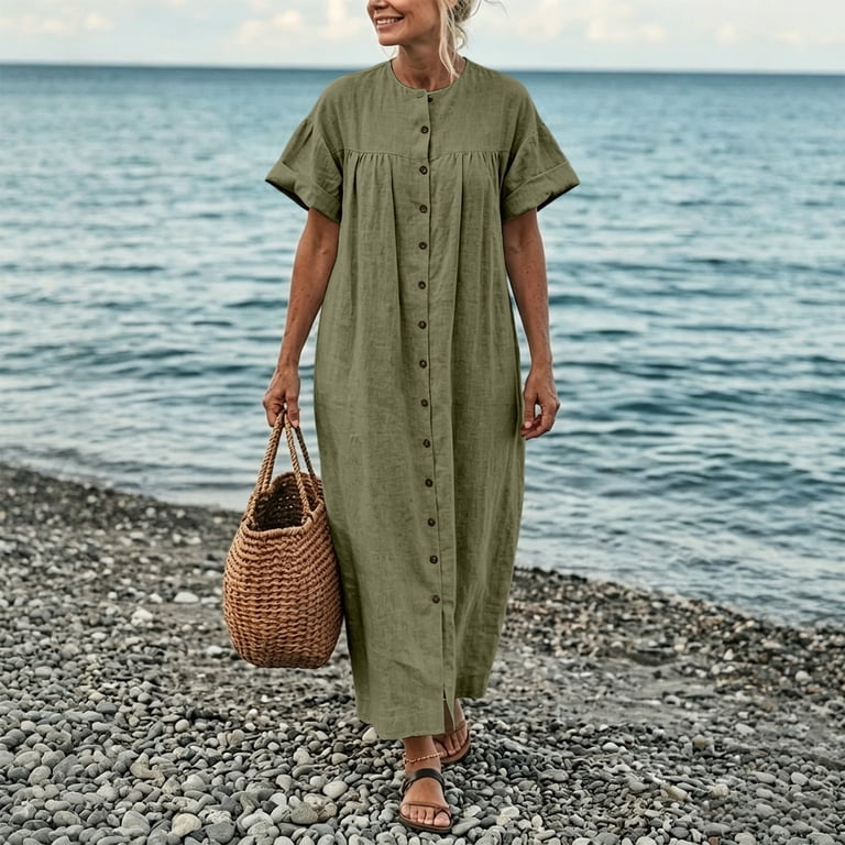 cotton maxi dresses with short sleeves White Short Sleeve V Neck Cotton Maxi Dress With Zipper Back