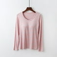 thumbnail image 2 of WREESH Womens Pajamas T-Shirts Stripe Household Clothes With Chest Pads T-Shirt Long Sleeved Tops Pajama Comfortable Base For External Wear Round Neck Pink, 2 of 4