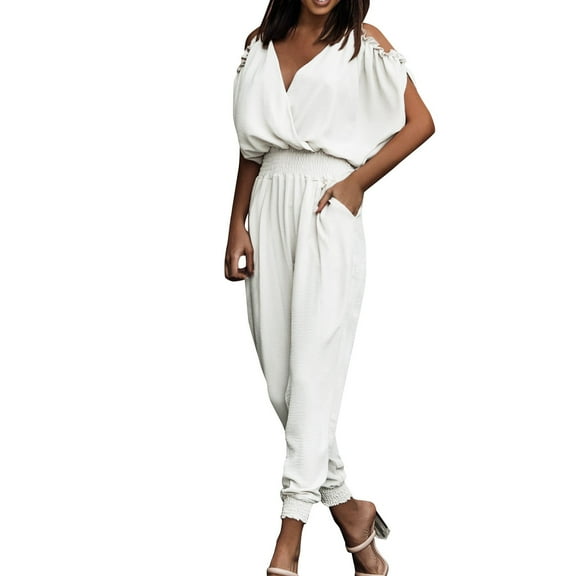 GEWSEY Jumpsuit for Womens Dressy Casual 2025 One Piece Romper Cold Shoulder Outfits for Summer (White, M)