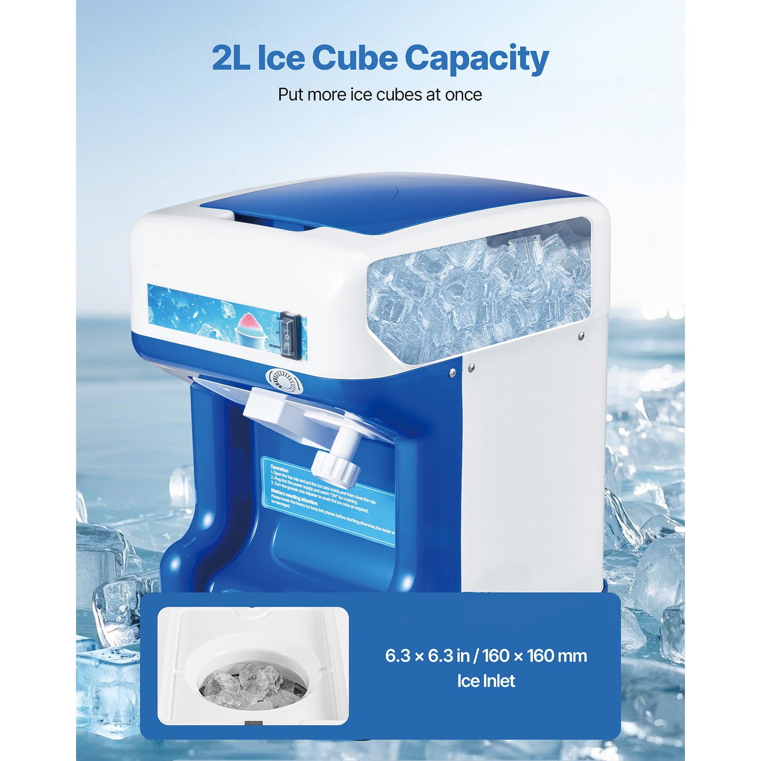 KFFKFF Electric Ice Shaver and Crusher, 286lbs/hr Snow Cone Maker with 2L Ice Storage, 250W 1500RPM Tabletop Machine for Parties, Events, Snack Bars, and Home Use (Blue)