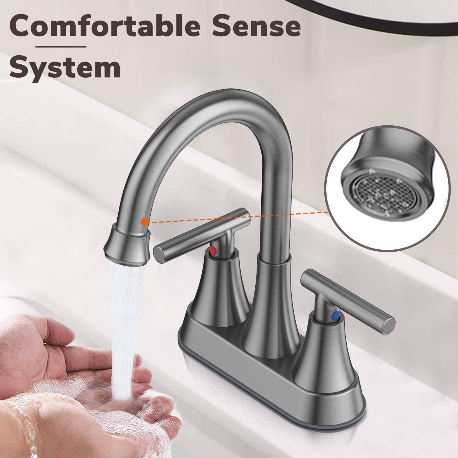 KINGTACK Bathroom Faucets, 4 inch Brushed Grey Bathroom Sink Faucet, Stainless Steel Lead-Free 2-Handle Centerset Faucet with Pop-up Drain and 2 Supply Hoses, Fits 2 or 3-hole Sink