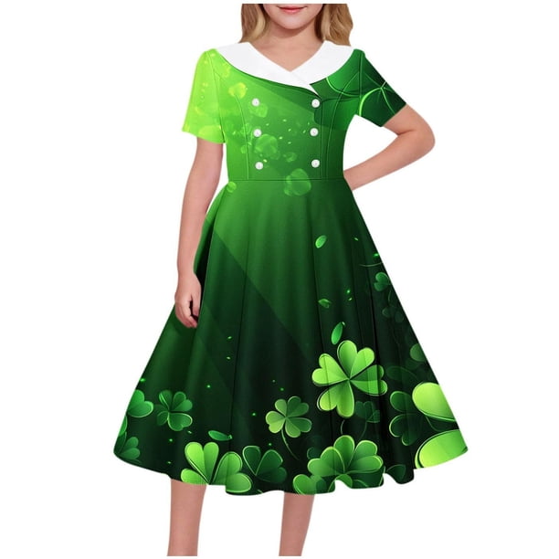 Vestido de manga corta con cuello en V, estampado del Día de San Patricio, para niñas, de manga corta, elástico, corte A, estilo patinador con volantes, para recital escolar, de manga corta, con cuell