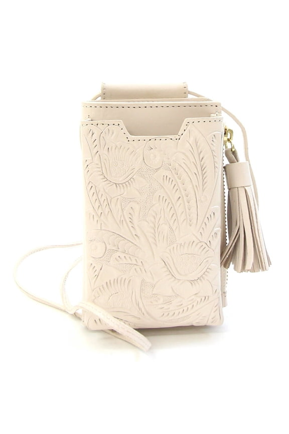 Pre-Owned GRACE CONTINENTAL Shoulder Bag Carving Stripes Mobile Wallet Ecru Leather Smartphone...