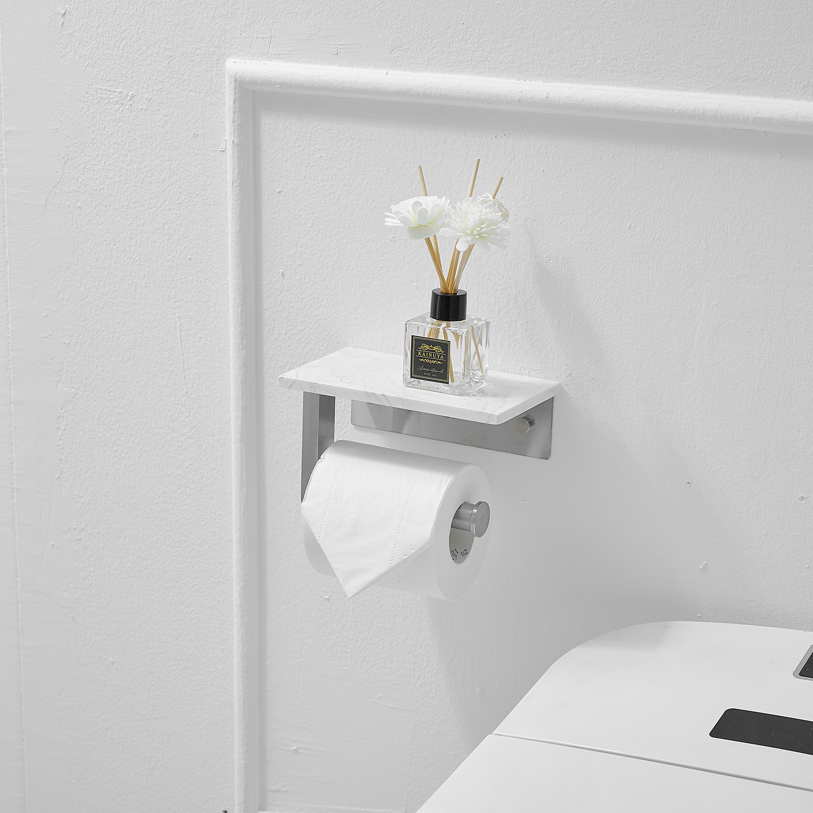Wall Mount Toilet Paper Holder With Natural Marble Shelf Tissue Storage Holder In Brushed Nickel