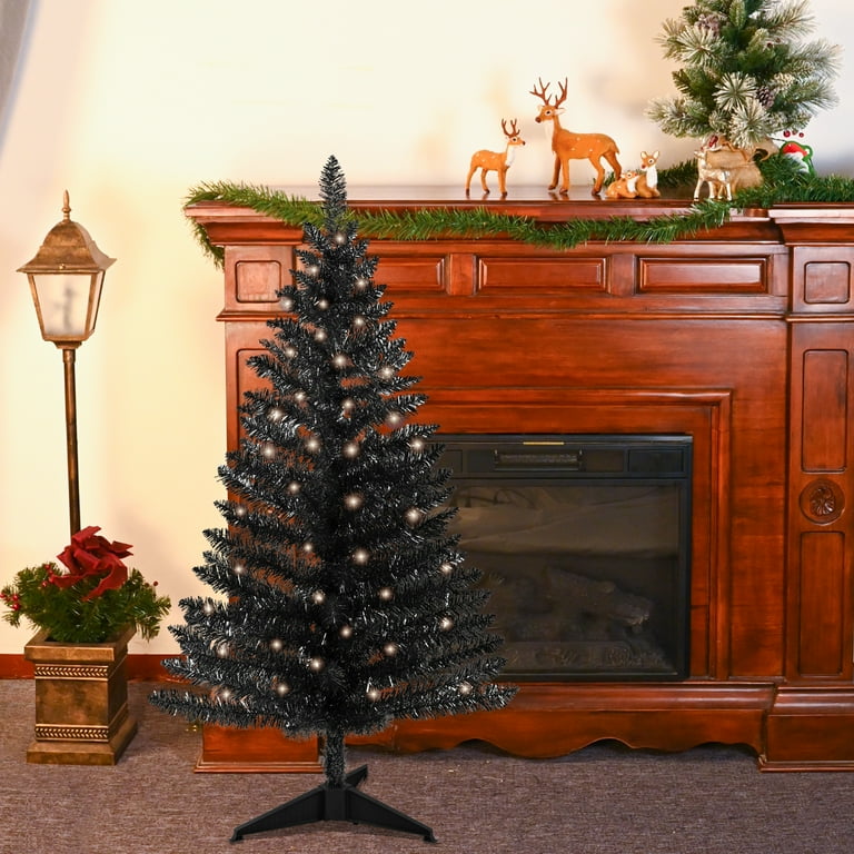 4Ft Black Artificial Christmas Pine Tree Tinsel Three Section Assembly Includes Base