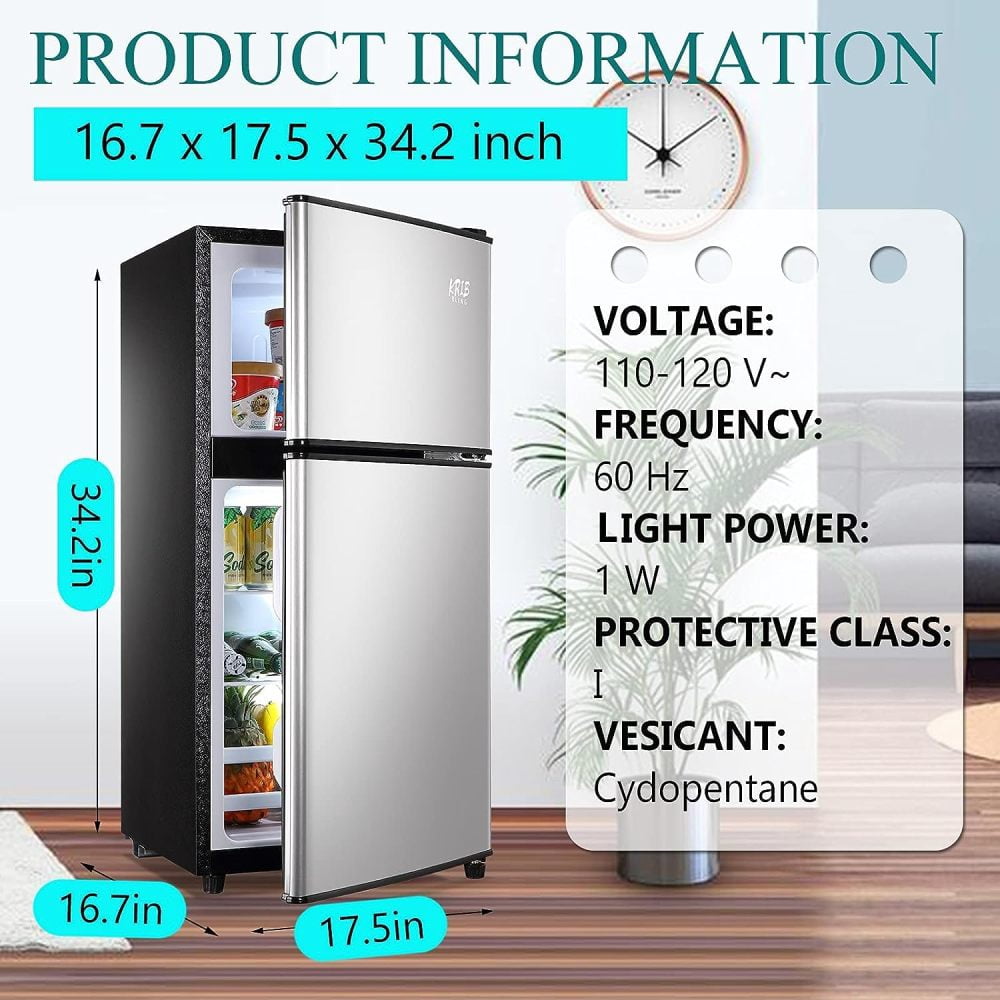 3.5 Cu.Ft Compact Mini Refrigerator with Freezer 2‑Door Small Fridge 16.69"W x17.52"D x34.18"H ABS&Steel Construction Adjustable Thermostat Removable Glass Shelves for Dorm Apartment Office Bar