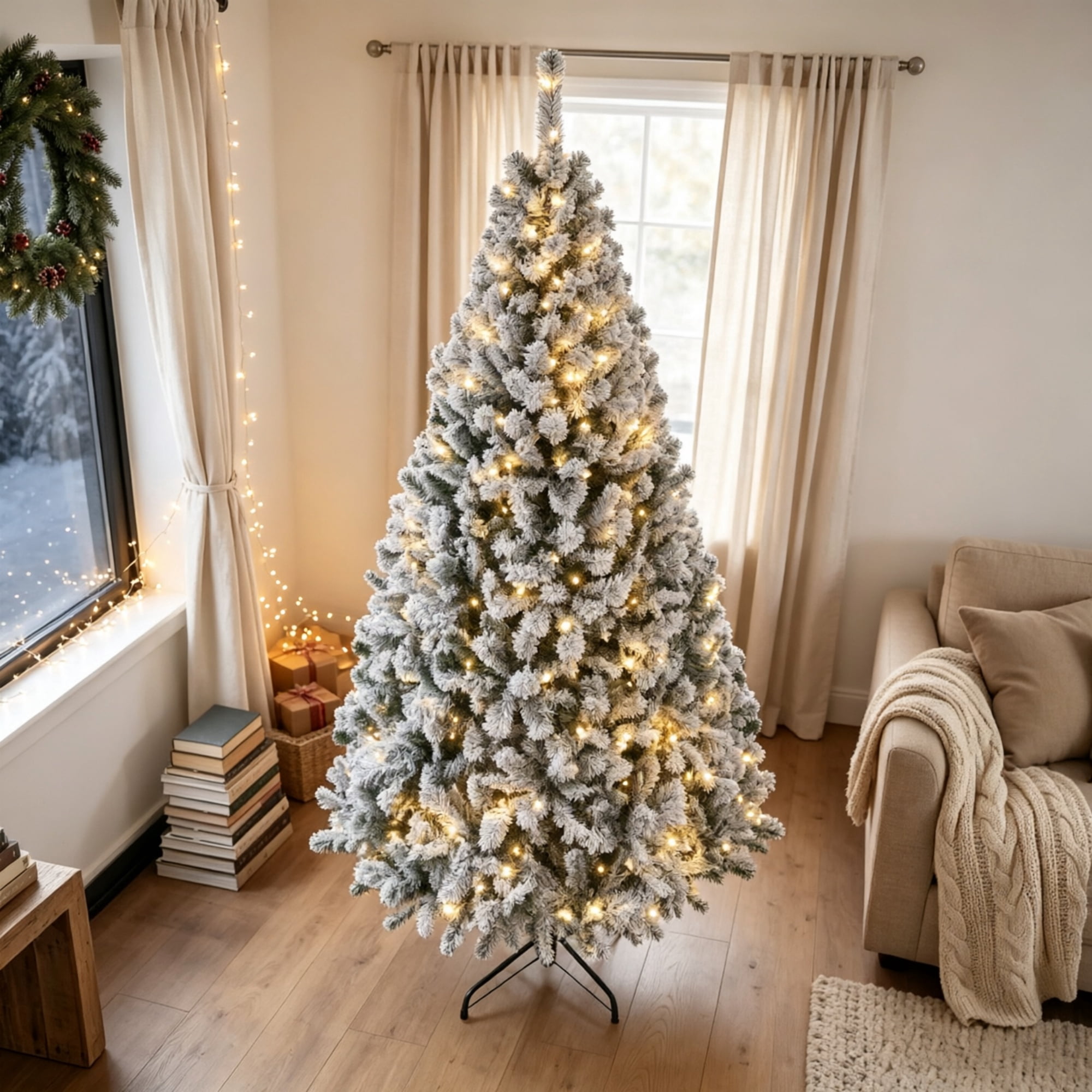 7.5 ft Pre-Lit Flocked Artificial Christmas Tree with 400 Warm White Lights, Hinged Branches, Foldable Metal Stand, 1189 Tips