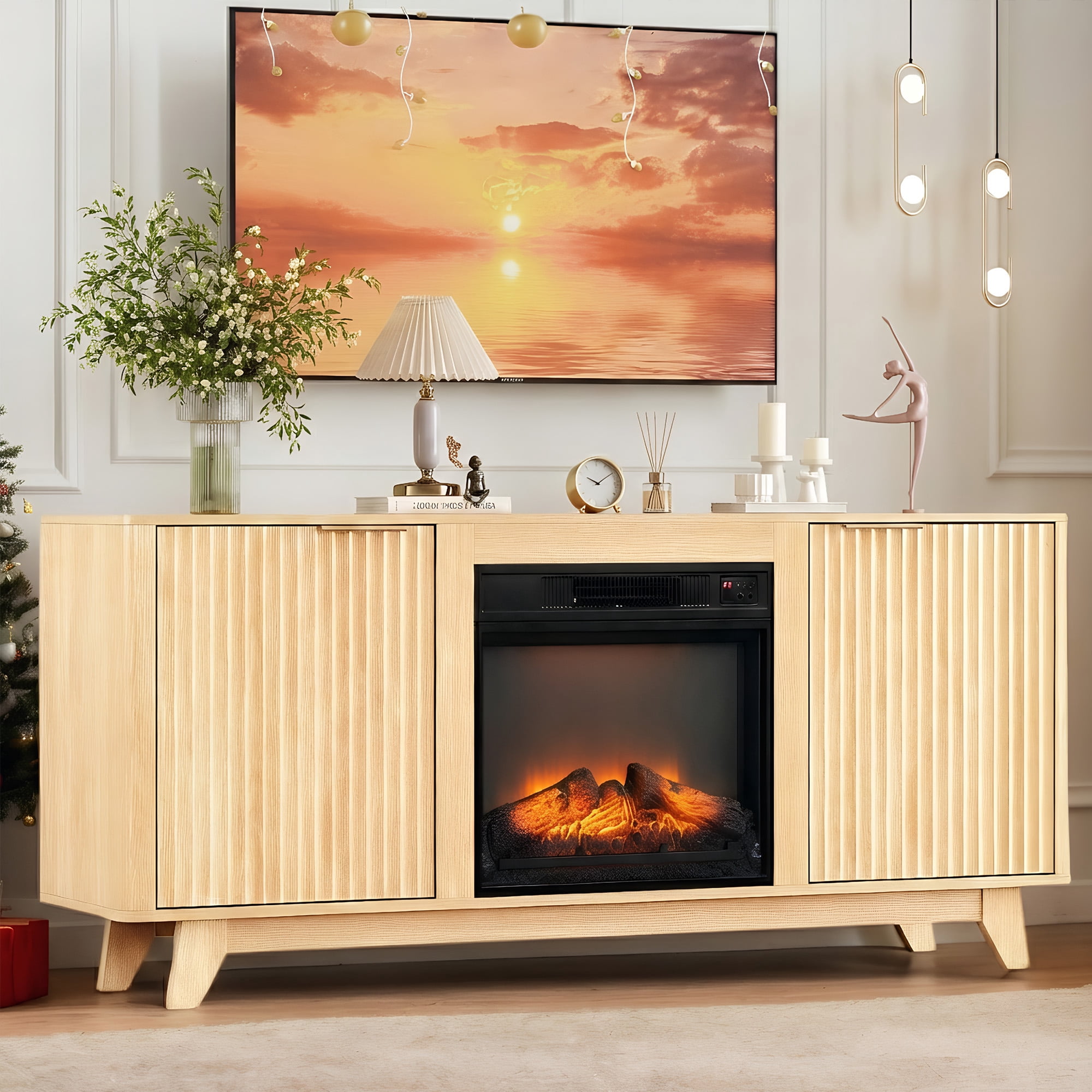Paproos Fireplace TV Stand for TVs up to 70", 58" Modern Fluted TV Console with 19" Electric Fireplace, Entertainment Center with Doors, Media Console Table for Living Room, Oak